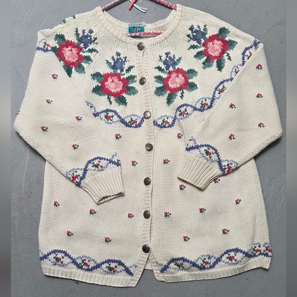 Vintage Sweaters - Vintage Tat Floral Hand Knitted Open Cardigan Coastal Sweater Sz L Ramie Blend